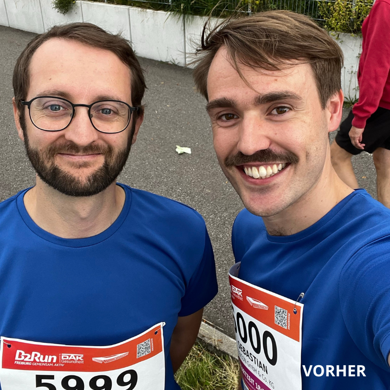 B2Run Freiburg 2024: Unsere Kollegen Thomas Paul und Sebastian Prieß vor dem Lauf