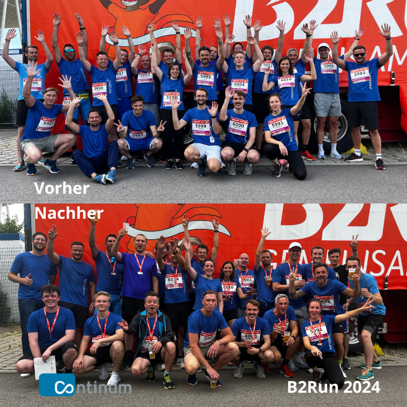 B2Run Freiburg 2024: Das Team der Freicon Gruppe vor und nach dem Lauf mit zwei Kollegen der Continum AG