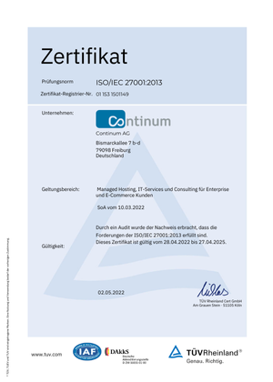 ISO 27001 Zertifikat der Continum AG